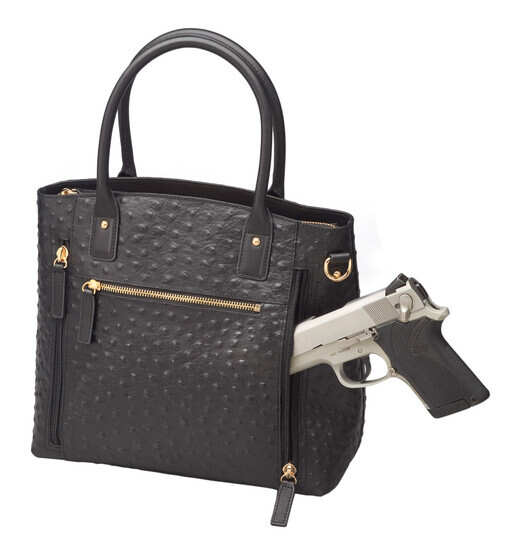 Gun Tote'n Mamas Ostrich Debossed Town Tote Concealed Carry Handbag in Black